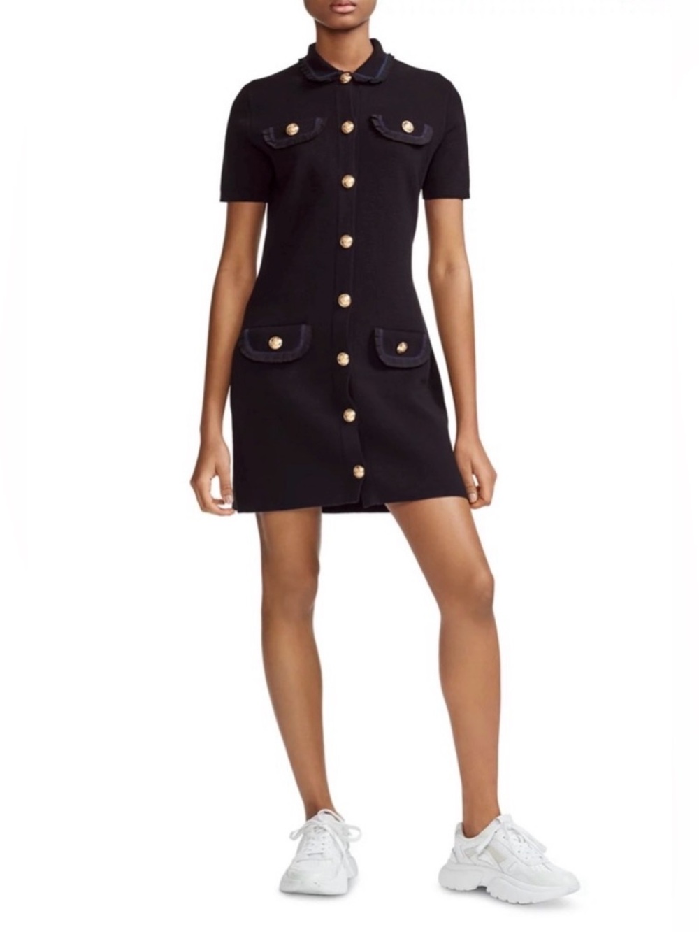 Maje Ravena Gold Button Mini Dress in Black - M